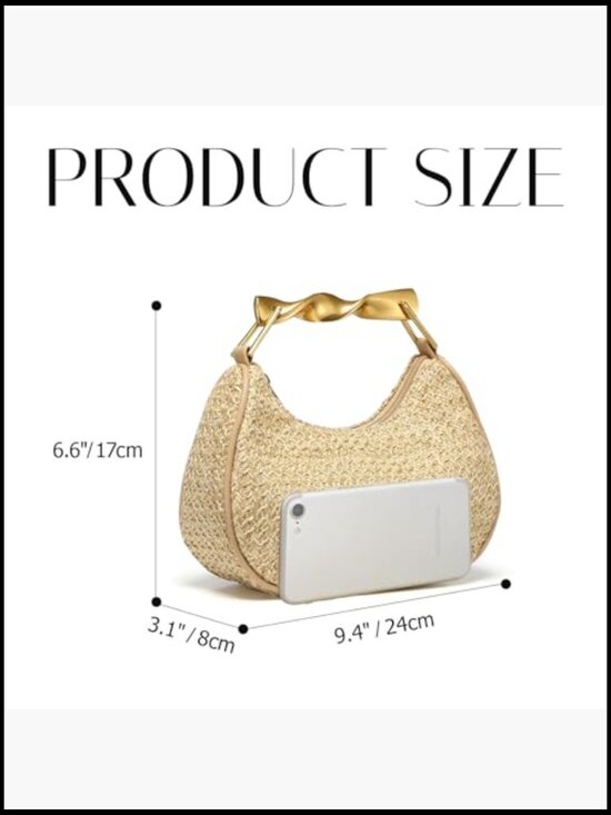 Boho Chic Woven Straw Hobo Tote Handbag Mini Summer Beach Purse - Picture 3 of 7